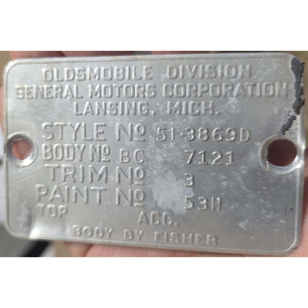 1951 Oldsmobile 98 Vehicle Identification Data Plate